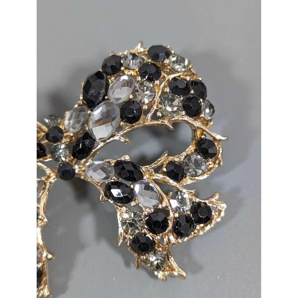 Large Gold Tone‎ Black Gray Rhinestone Bow Brooch Statement Ribbon Pin
